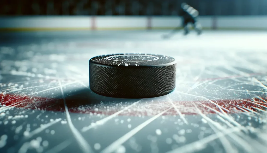 Close-up of a hockey puck on the ice, capturing the essence of the game.