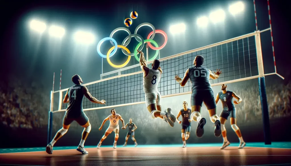 Olympic volleyball player blocking at the net with the Olympic rings in the background.